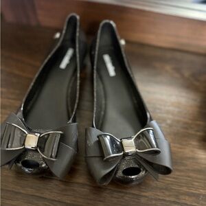 Mini Melissa Black Bow Peep-Toe Ballet Flats
